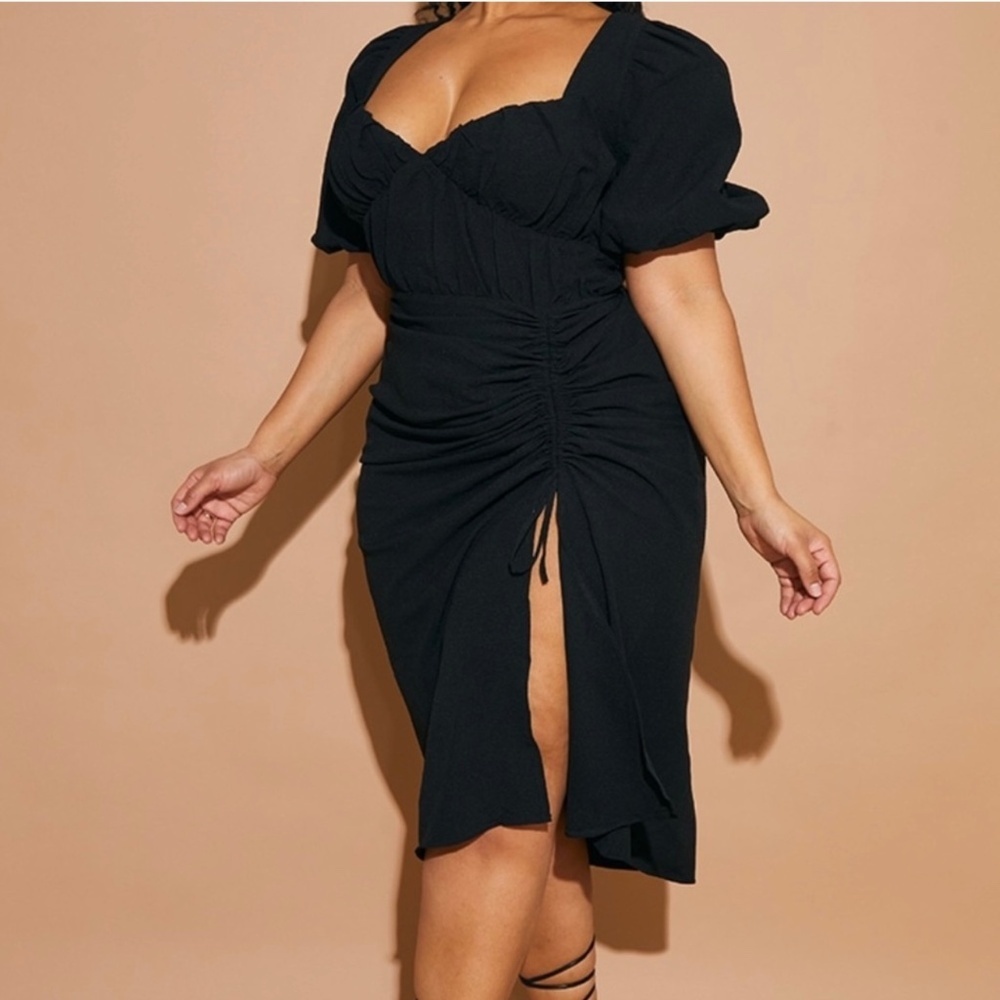 NWT PrettyLittleThing Plus Black Puff Sleeve Ruched Split Side Midi Dress Sz 24